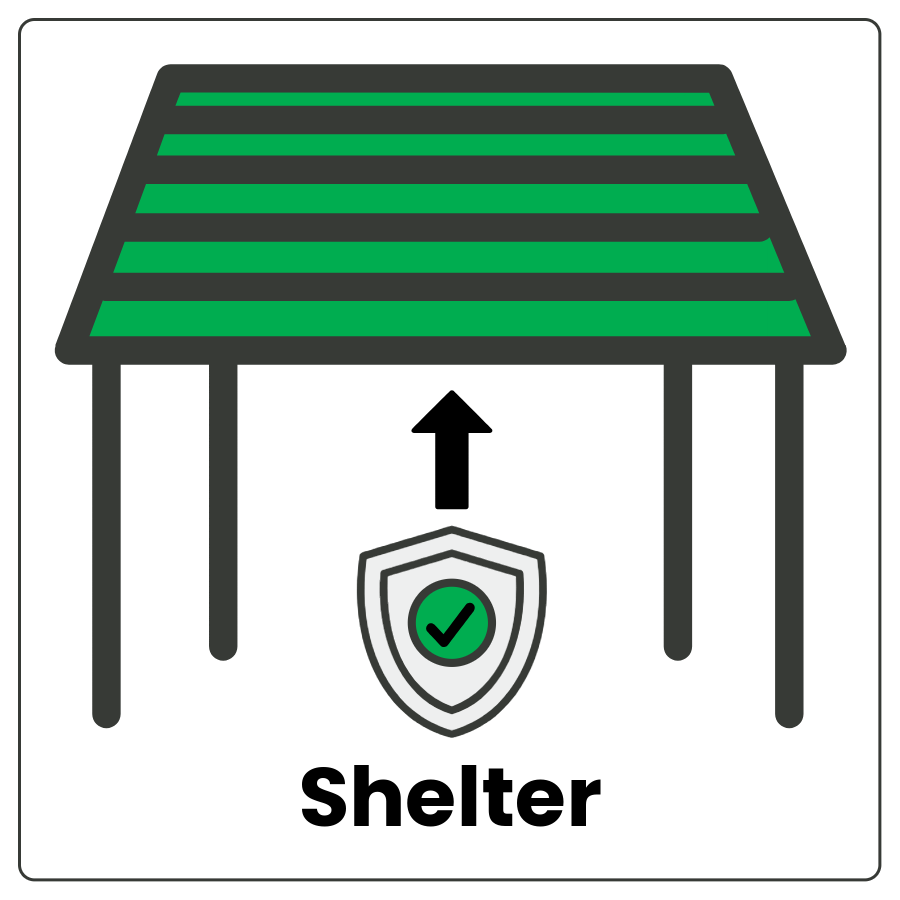Visual Cue: Shelter - Structure protecting an object from the elements and the word shelter