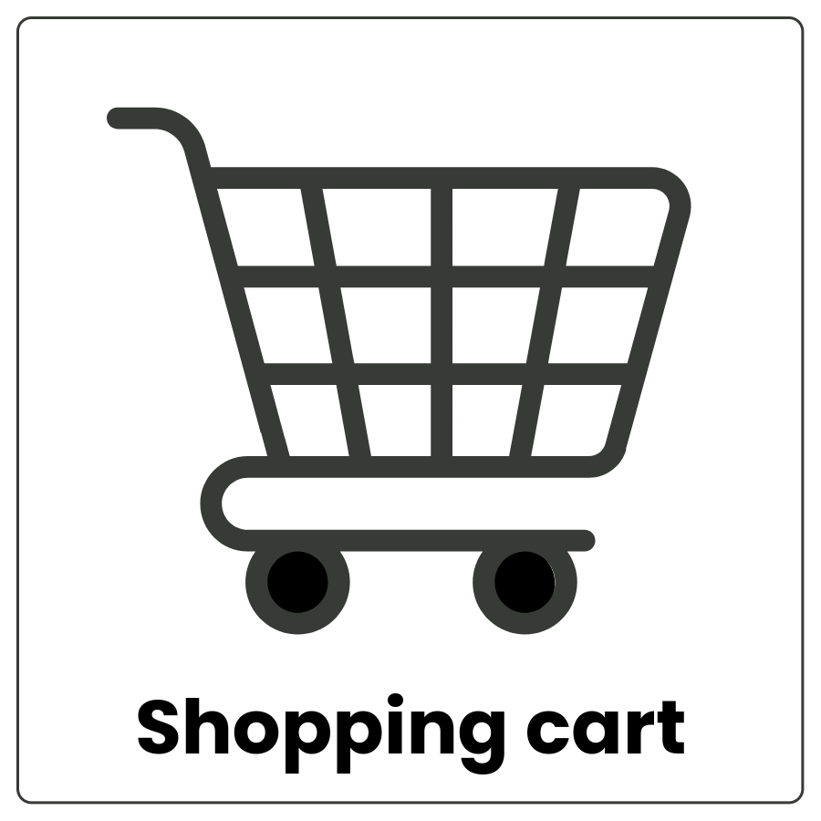 Visual Cue: Shopping cart - Large wheeled basket for holding items and the words shopping cart