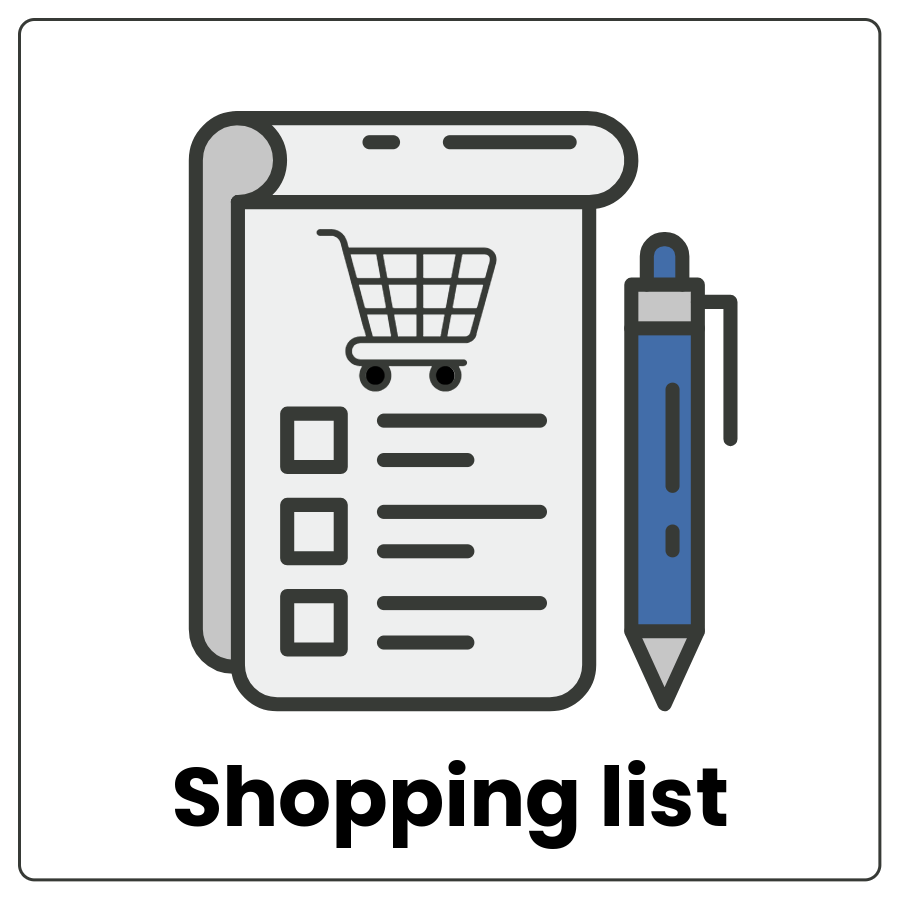 Visual Cue: Shopping list - Piece of paper and a pen and the words shopping list