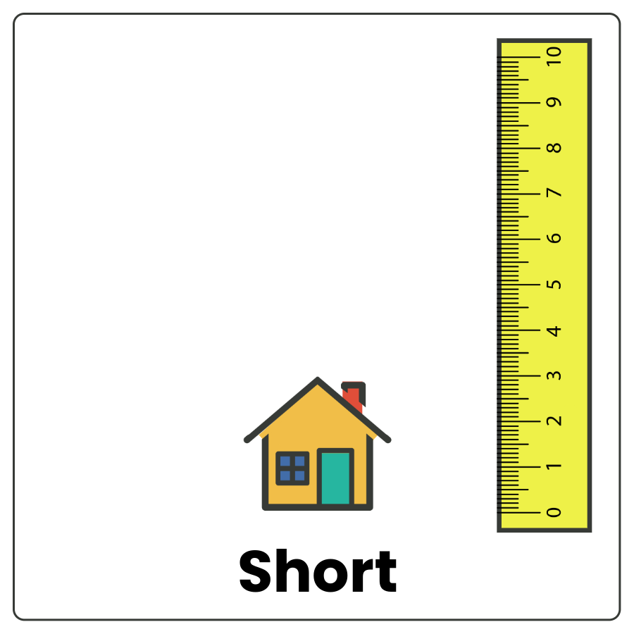 Visual Cue: Short - House that only fills a little bit of space alongside a vertical ruler and the word short