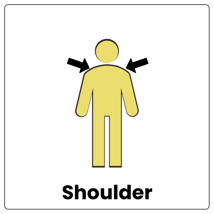 Visual Cue: Shoulder - Drawing of a person with arrows pointing to the part of the body where the arms meet the neck and the word shoulders