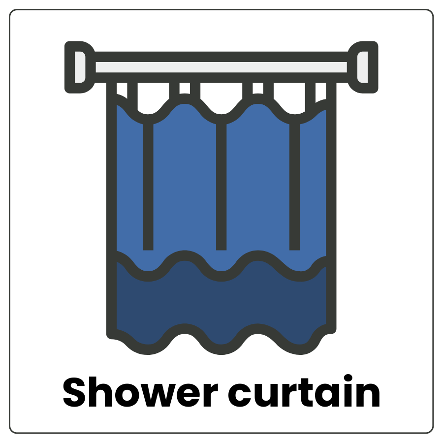 Shower curtain - Cloth hanging from a horizontal bar and the words shower curtain