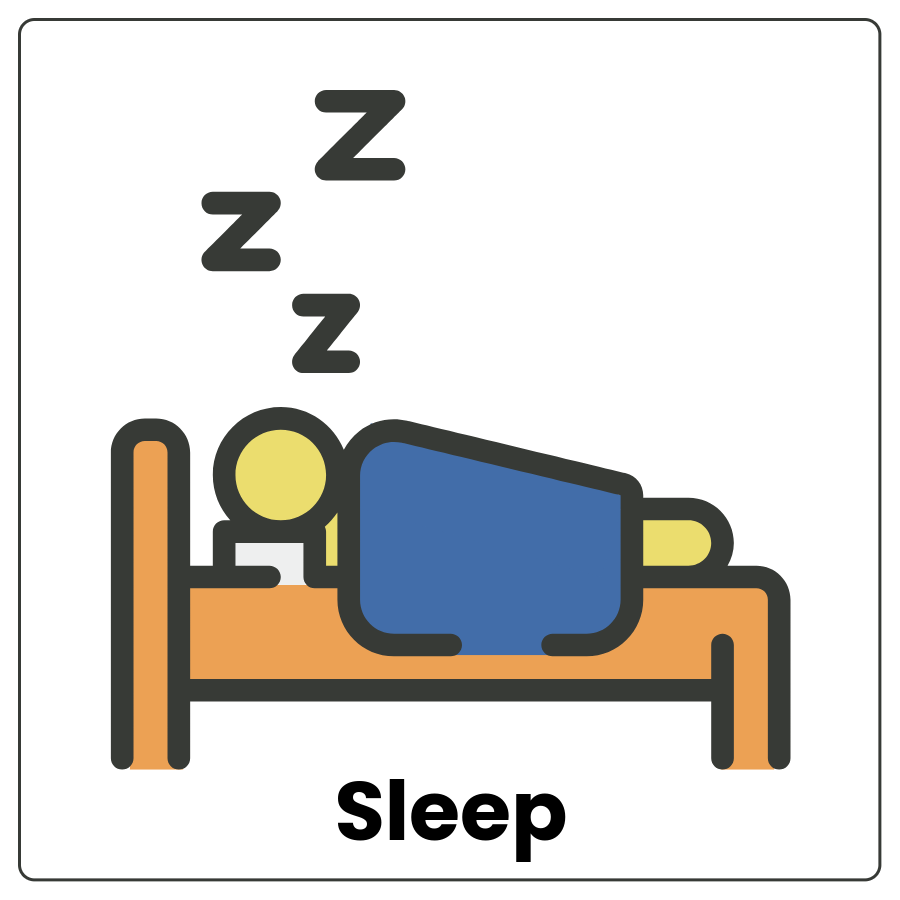Visual Cue: Sleep - Drawing of a person lying on a bed with Z Z Z above the bed  and the word sleep