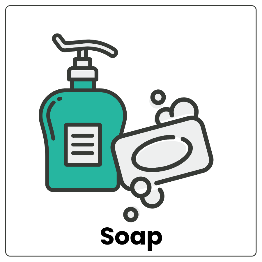 Soap - Small bottle with a pump dispenser and a bar with bubbles and the word soap