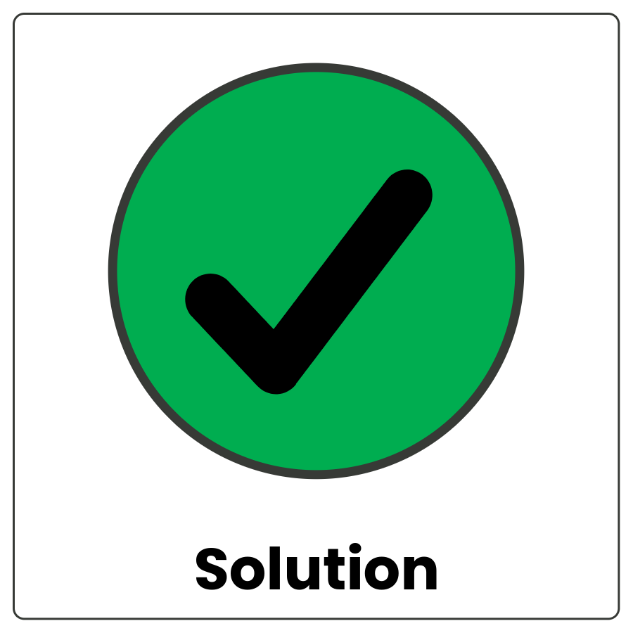 Green circle with a checkmark and the word solution