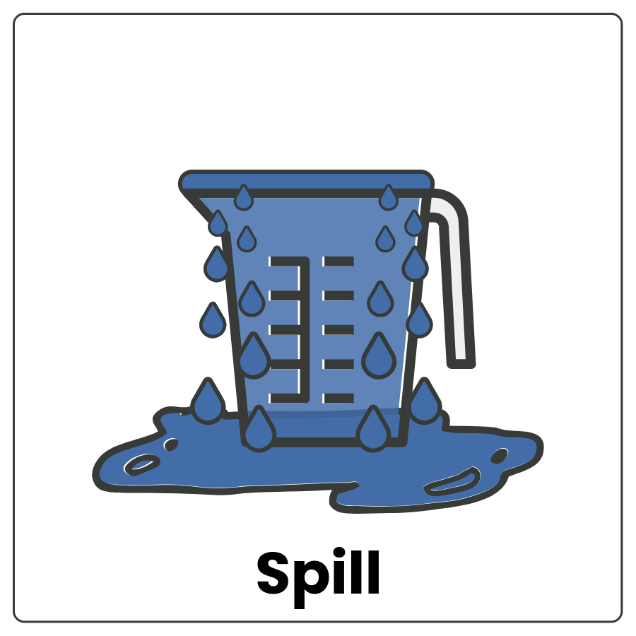 Measuring cup with liquid all the way to the top and dribbling over onto the table and the words spill over