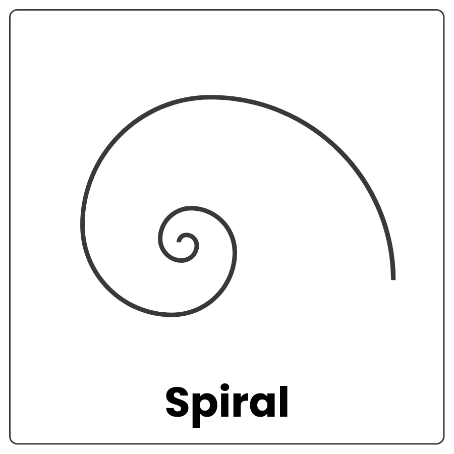 Visual Cue: Spiral - curved line that bends and ends in a tight curl and the word spiral