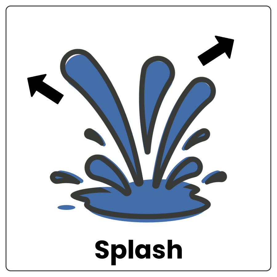 Wave of water with droplets of water spraying away and the word splash