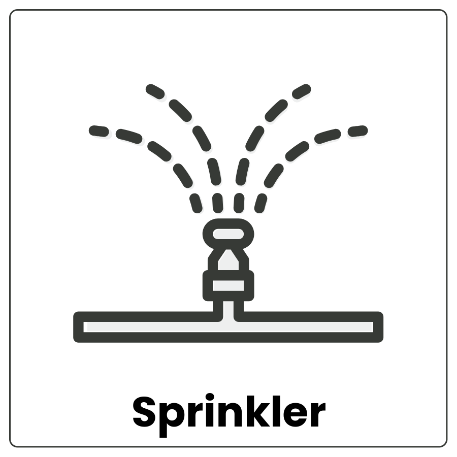 Nozzle attached to a hose on the ground spraying water and the word sprinkler