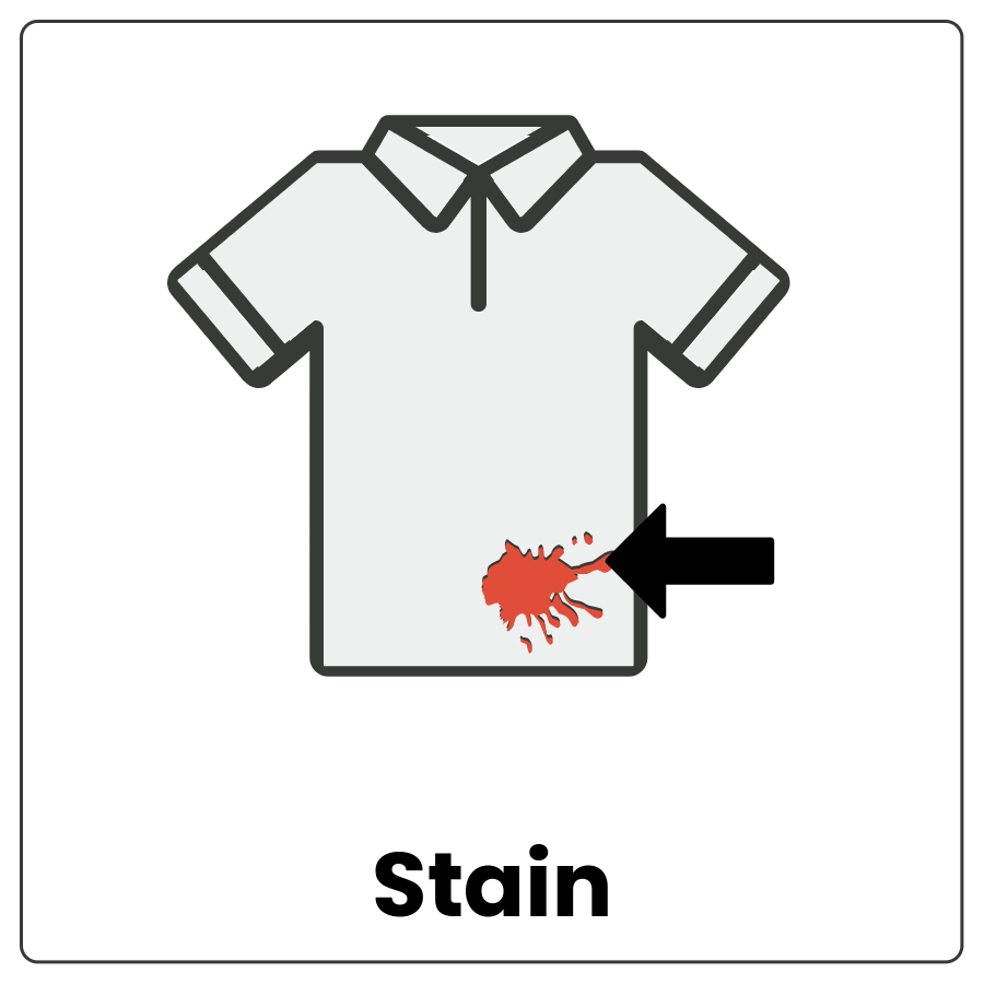 Stain - Shirt with a spot of dirt on the front and an arrow pointing to it and the word stain