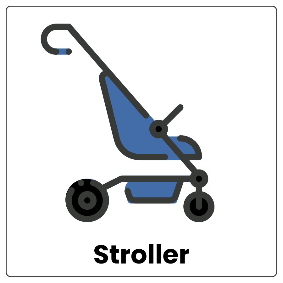 Stroller - Small wheeled vehicle for pushing a small child in and the word stroller