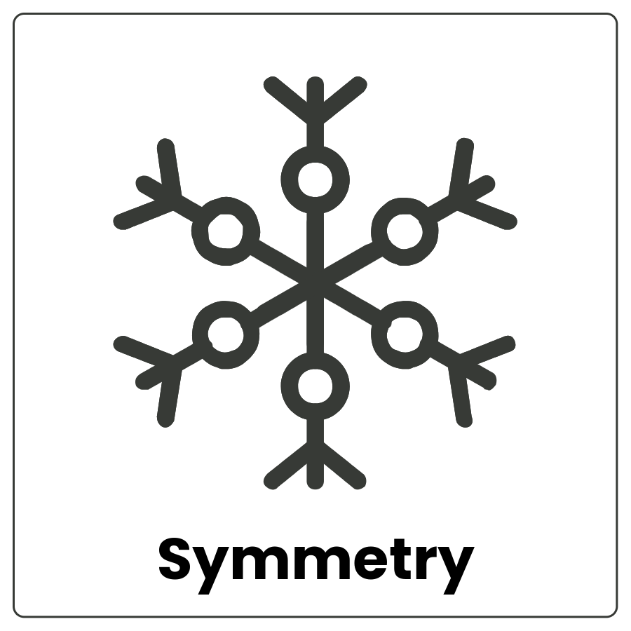 Visual Cue: Symmetry - line drawing with a vertical, horizontal, and diagonal lines that cross in the center and the word symmetry