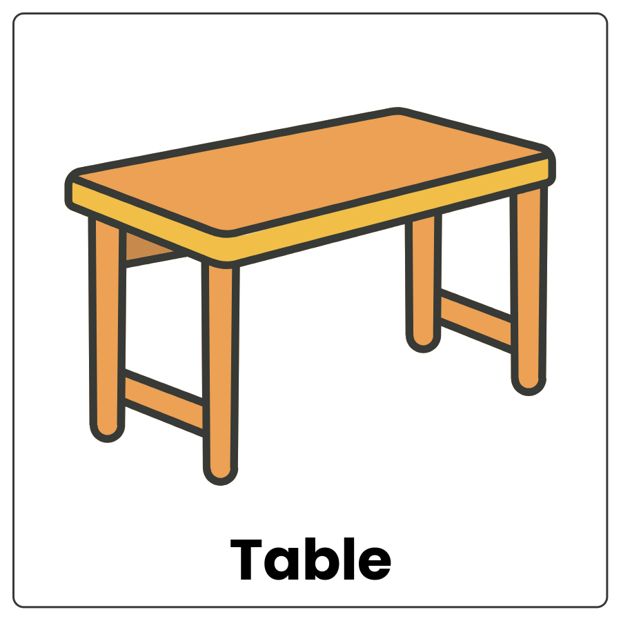 Visual Cue: Table - Furniture with a flat top and 4 legs and the word table