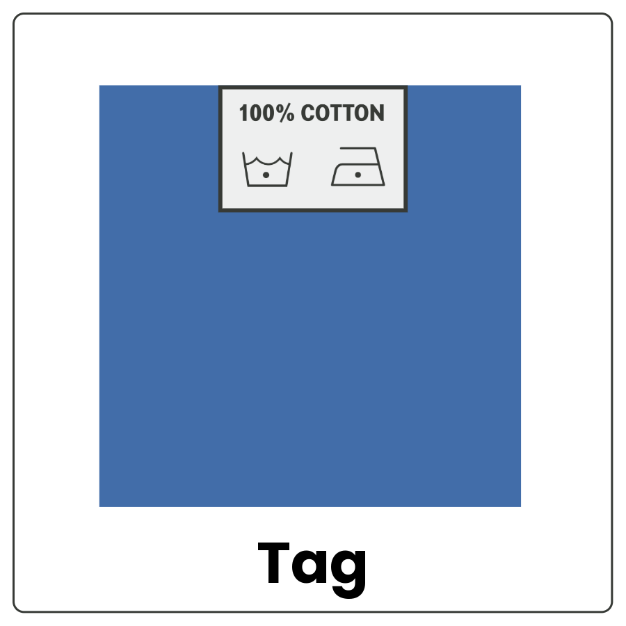 Tag - Small piece of fabric sewn into a piece of clothing and the word tag