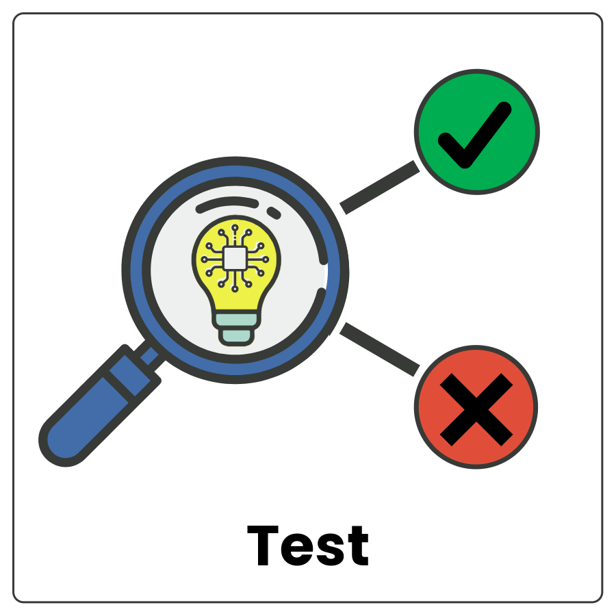 Magnifying glass with lightbulb in the center and 2 lines coming from the lens, one of which is a green circle with a check and one is a red circle with an x and the word test