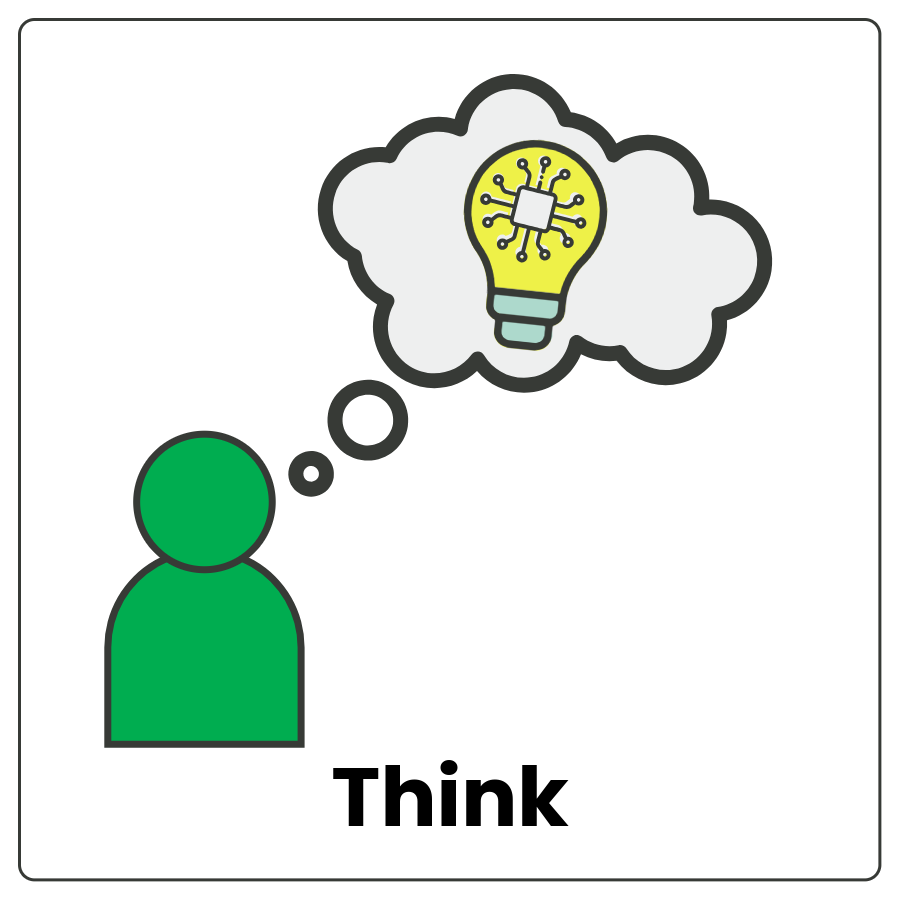 Outline of a person and a thought bubble with a lightbulb inside it and the word think