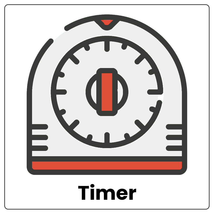 Visual Cue: Timer - Clock with a dial that counts down minutes and the word timer
