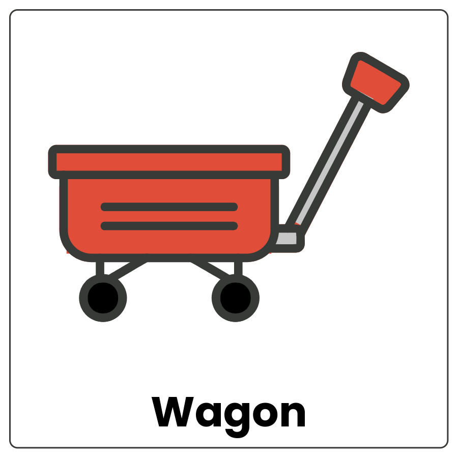 Wagon - Low wheeled cart with a long handle and the word wagon