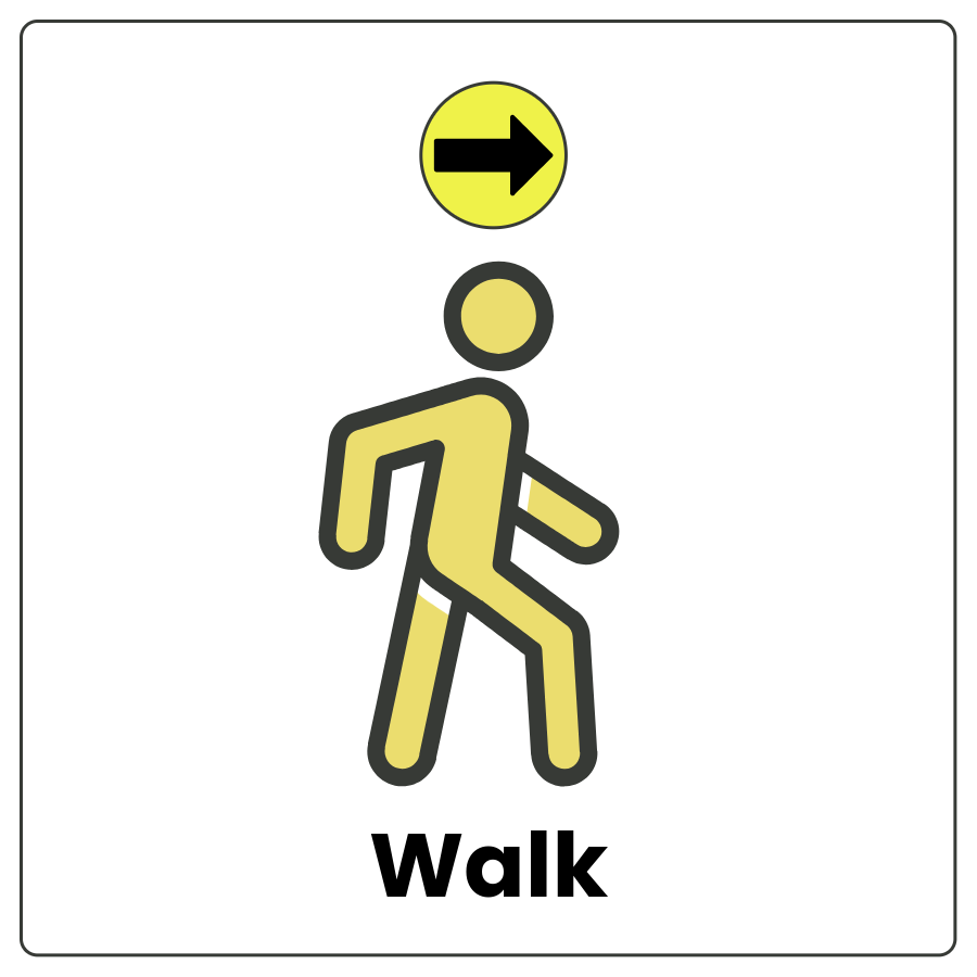 Visual Cue: Walk - Drawing of a person with a forward arrow above it indicating motion and the work walk
