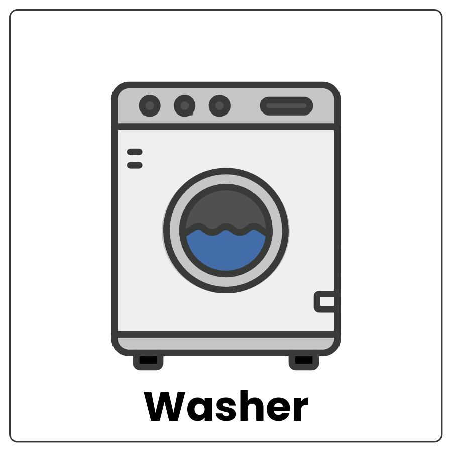 Washer - Square appliance with a small window in front where you can see water and a set of dials on the top and the word washer