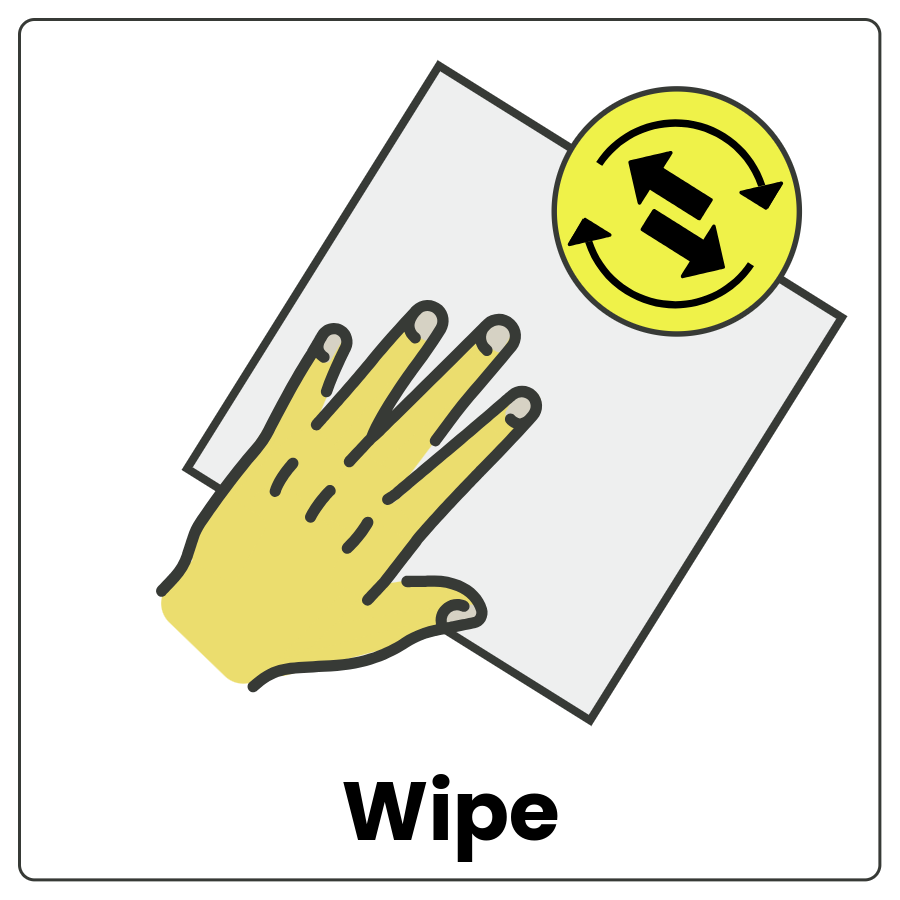 Visual Cue: Wipe - Hand on a cloth with arrows showing back and forth motion and the word wipe