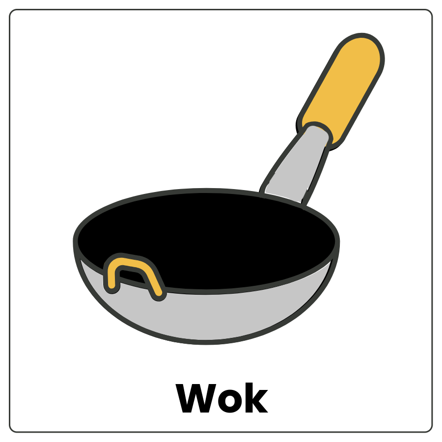 Visual Cue: Wok - High-sided metal pan with a long handle and the word wok