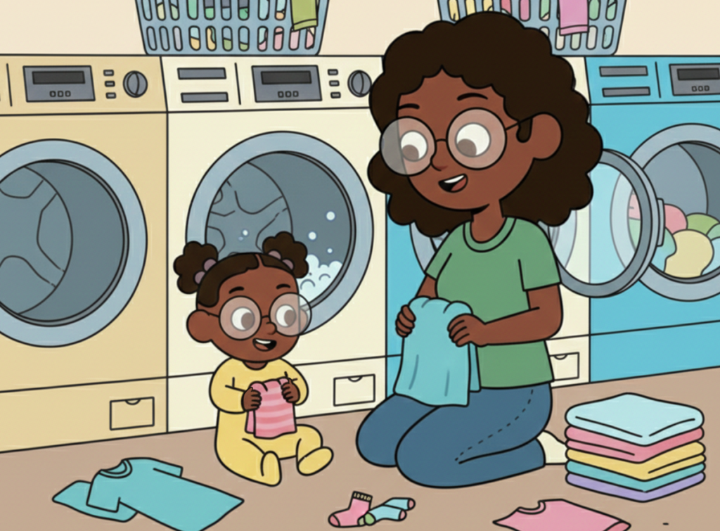 illustrative image of layla and mom folding laundry